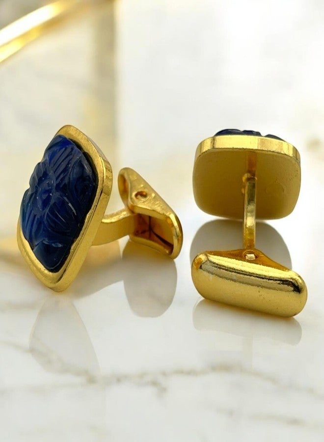 LBV 24K Pure Gold Premium Square Shape Carved Cufflink With Blue Sapphire Sustainable Stone for Men - Image 2