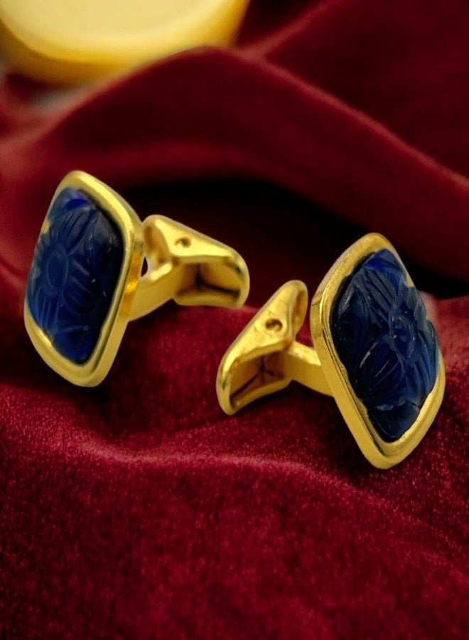 LBV 24K Pure Gold Premium Square Shape Carved Cufflink With Blue Sapphire Sustainable Stone for Men - Image 4