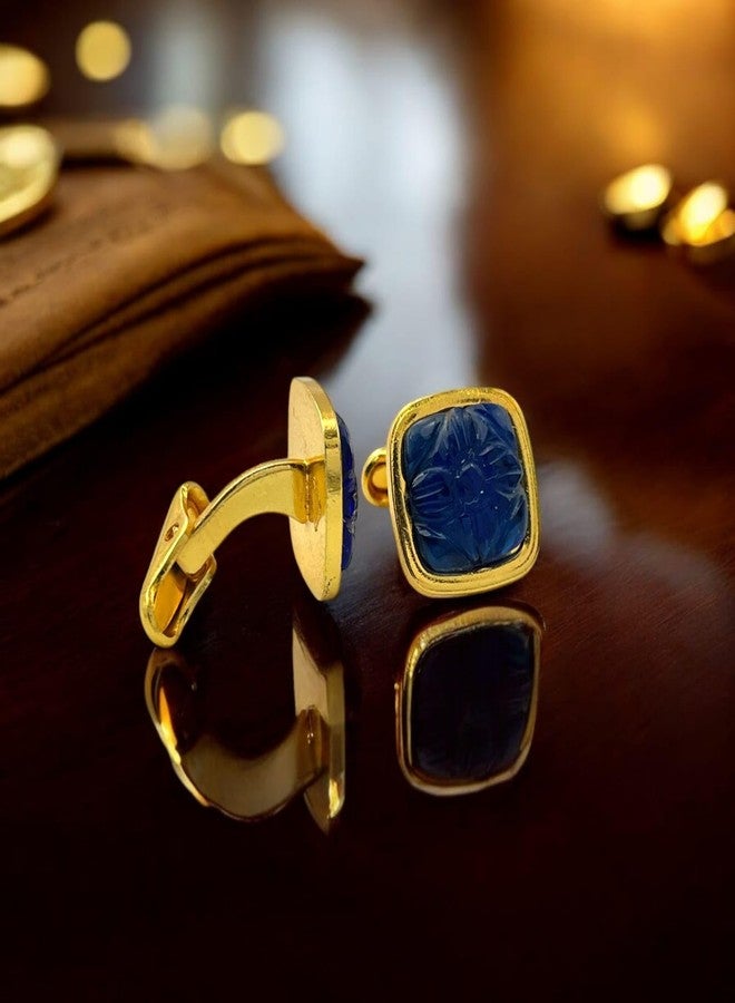 LBV 24K Pure Gold Premium Square Shape Carved Cufflink With Blue Sapphire Sustainable Stone for Men - Image 3