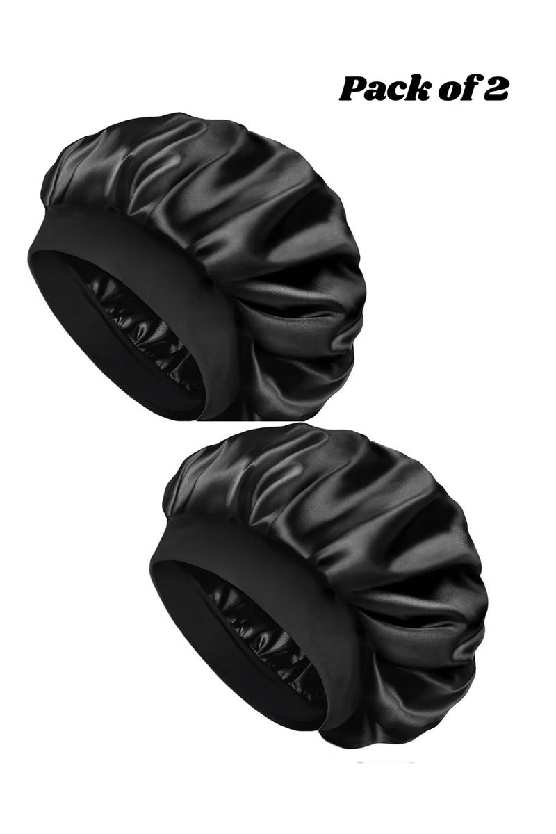 Mazko 2 Pcs Black Silky Satin Bonnet for Sleeping – Adjustable Double Layer Sleep Cap for Women, Curly Hair Wrap, Shower Cap, Soft Night Bonnet for Hair Care & Hair Color Protection - Image 1