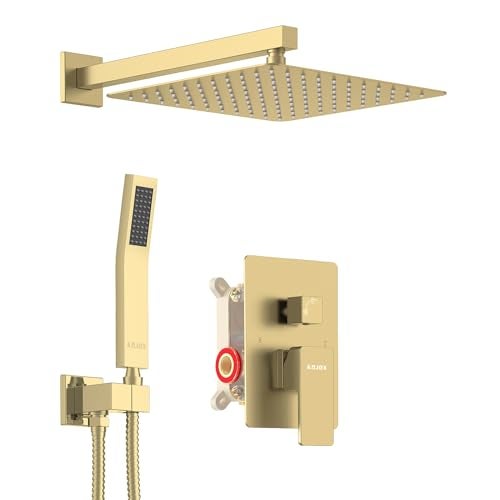 KOJOX Shower System Bathroom Luxury 12 Inch Rain Shower Head with Handheld Mixer Shower Combo Set Wall Mounted Shower Faucet Trim with Valve Brush Gold - Image 1