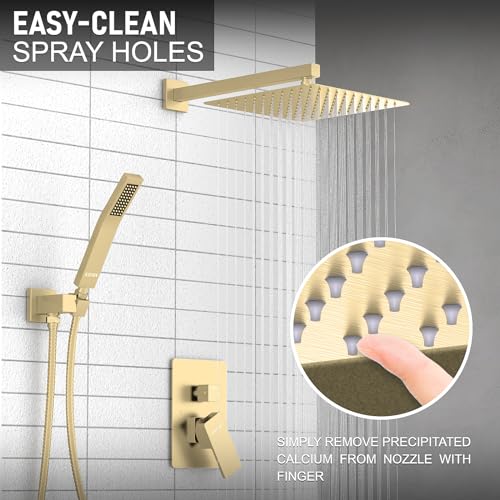 KOJOX Shower System Bathroom Luxury 12 Inch Rain Shower Head with Handheld Mixer Shower Combo Set Wall Mounted Shower Faucet Trim with Valve Brush Gold - Image 2