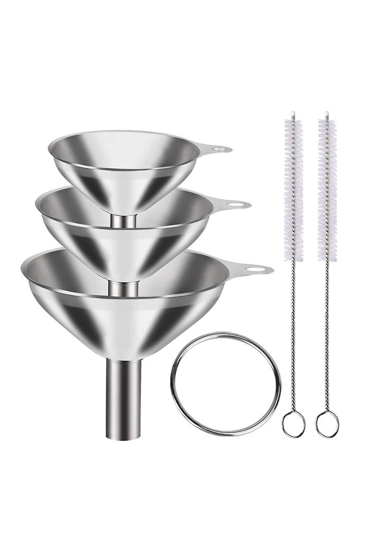 6 قطع من قمع معدني من الفولاذ المقاوم للصدأ، مجموعة من 3 قمعات صغيرة كبيرة، قمع صغير آمن للاستخدام في المطبخ، زجاجات تعبئة، قارورة طهي، فرشاتين - Image 1