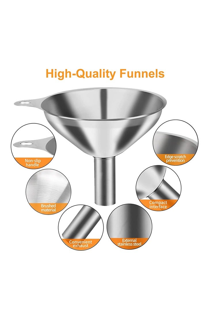 6 قطع من قمع معدني من الفولاذ المقاوم للصدأ، مجموعة من 3 قمعات صغيرة كبيرة، قمع صغير آمن للاستخدام في المطبخ، زجاجات تعبئة، قارورة طهي، فرشاتين - Image 3