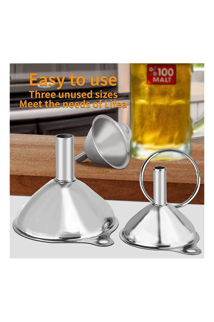 6 قطع من قمع معدني من الفولاذ المقاوم للصدأ، مجموعة من 3 قمعات صغيرة كبيرة، قمع صغير آمن للاستخدام في المطبخ، زجاجات تعبئة، قارورة طهي، فرشاتين - Image 5