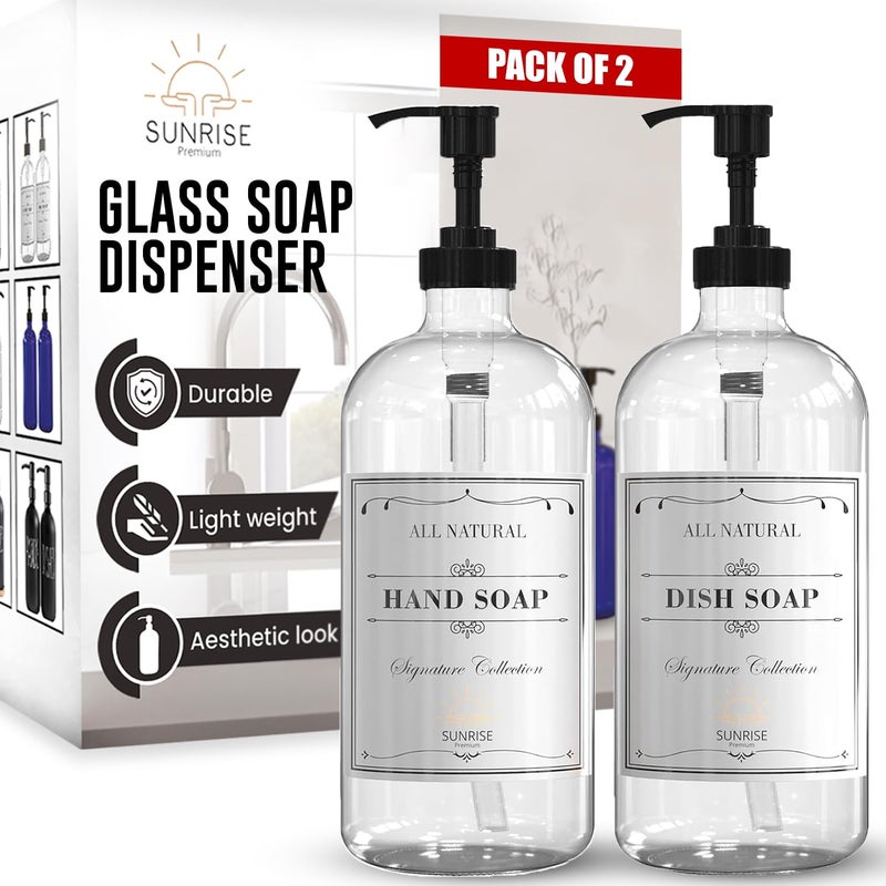 Sunrise Premium 16 OZ Thick Clear Glass Soap Dispenser with Plastic Pump 2 Pack Hand and Dish Soap Dispenser Set for Bathroom and Kitchen with 6 Waterproof Labels