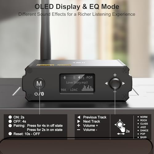 1mii مستقبل بلوتوث 1Mii DS220 HiFi – محول صوتي لاسلكي بعيد المدى مع DAC لعشاق الصوت، LDAC و aptX HD، شاشة OLED، مخرجات بصرية/محورية/RCA لنظام الصوت المنزلي ومكبر الصوت - Image 5