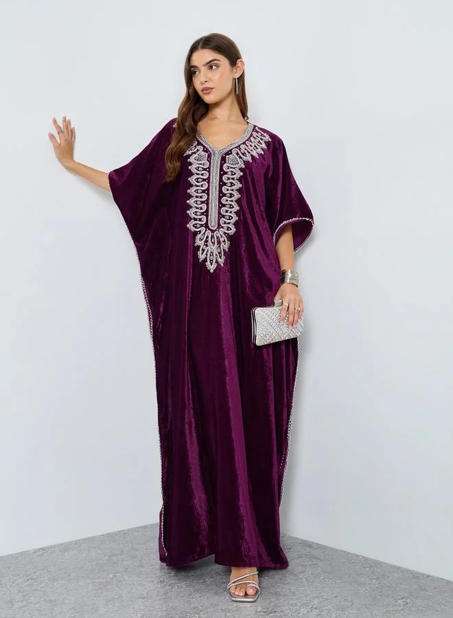 Maxim Creation Purple Velvet Look Embellished Jalabiya