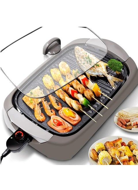 1460W Multi-Function Electric Grill – Marble Coated Non-Stick Surface, 5 Temp Settings (90°C-240°C), Removable Grill Pan, Glass Lid & Oil Drip Tray – Perfect for BBQ, Grilling, Frying & Steaming
