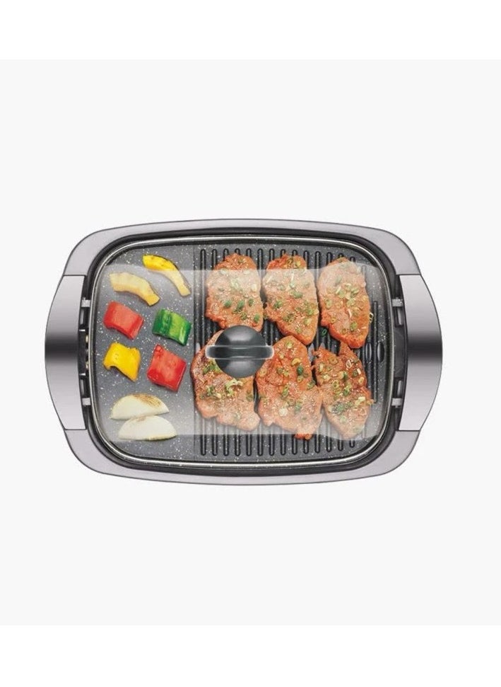 1460W Multi-Function Electric Grill – Marble Coated Non-Stick Surface, 5 Temp Settings (90°C-240°C), Removable Grill Pan, Glass Lid & Oil Drip Tray – Perfect for BBQ, Grilling, Frying & Steaming