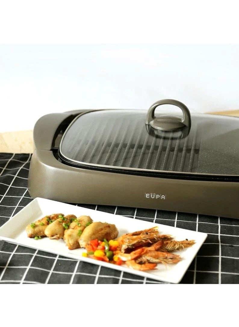 1460W Multi-Function Electric Grill – Marble Coated Non-Stick Surface, 5 Temp Settings (90°C-240°C), Removable Grill Pan, Glass Lid & Oil Drip Tray – Perfect for BBQ, Grilling, Frying & Steaming