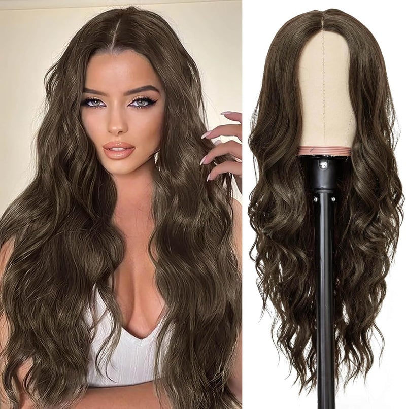QUEENTAS Long Curly Brown Wigs for Women Synthetic Ladies Wig Middle Parting for Daily Party Halloween Brown