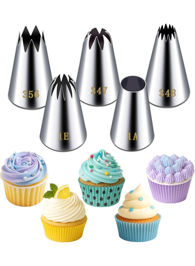 Large Piping Tips Set, Stainless Steel Frosting Piping Kit, 5 Pieces Pastry Cake Decorating Tips Baking Tools for Cookies Cupcake Decorating Kit (1A 1E 348 347 356) - Image 1