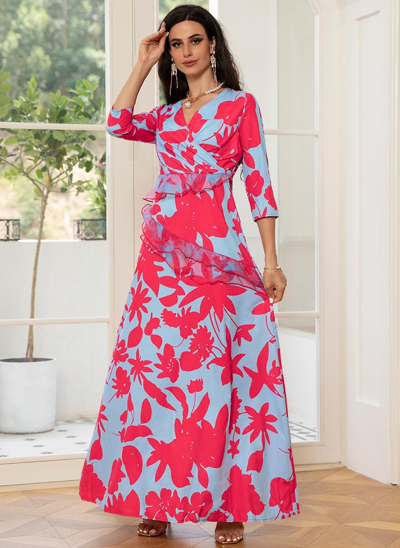 فرايديين لطيف طوق على شكل V طباعة صافي الغزل كم منتظم فساتين طويلة احمر - Image 4