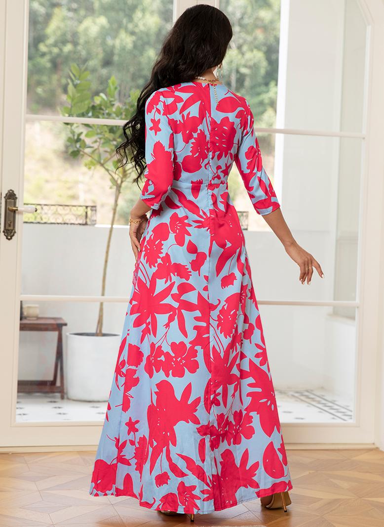 فرايديين لطيف طوق على شكل V طباعة صافي الغزل كم منتظم فساتين طويلة احمر - Image 2