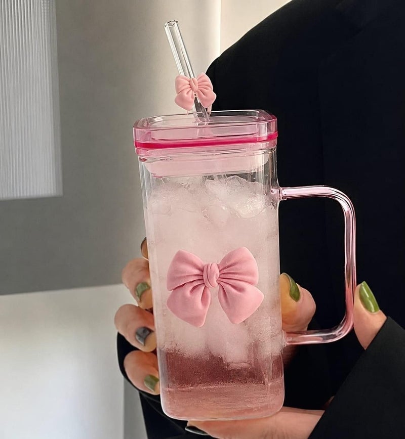 Rose Clear Glass Cup with Lid and Handle and Glass Straw, Elegant Bow Design - Image 1