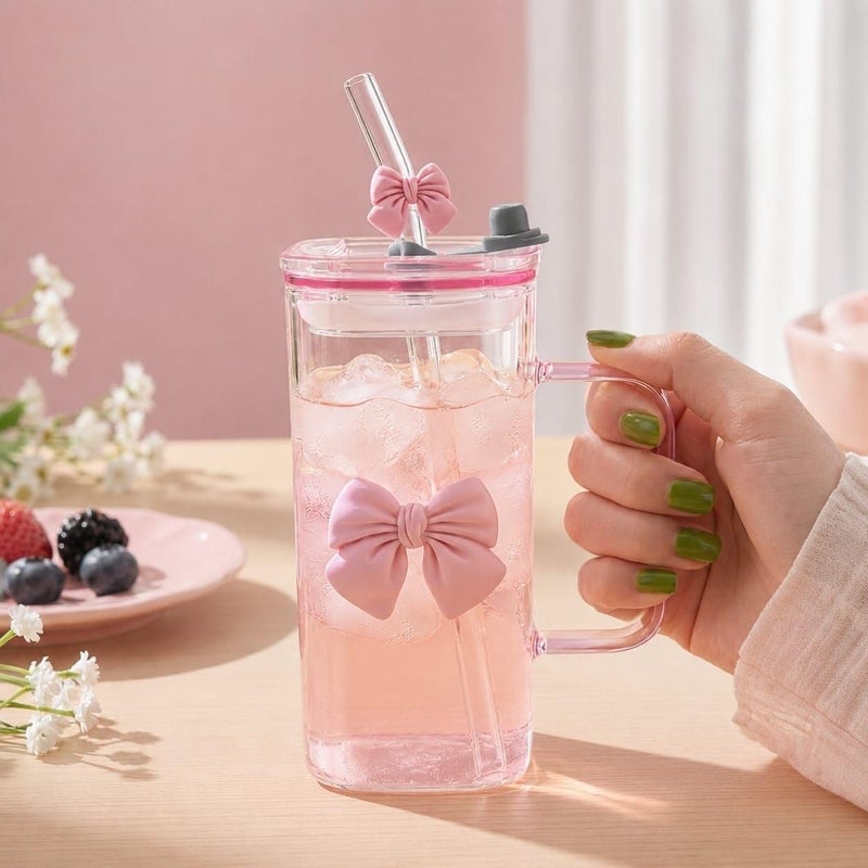 Rose Clear Glass Cup with Lid and Handle and Glass Straw, Elegant Bow Design - Image 2