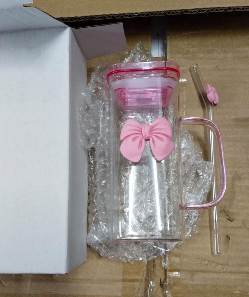 Rose Clear Glass Cup with Lid and Handle and Glass Straw, Elegant Bow Design - Image 5