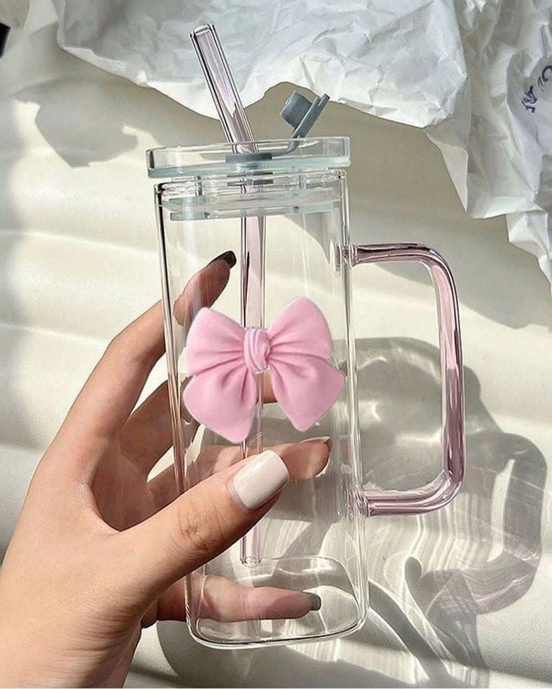 Rose Clear Glass Cup with Lid and Handle and Glass Straw, Elegant Bow Design - Image 4