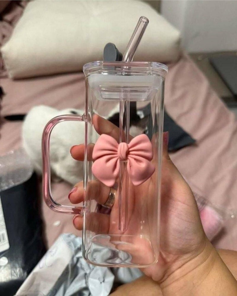 Rose Clear Glass Cup with Lid and Handle and Glass Straw, Elegant Bow Design - Image 3