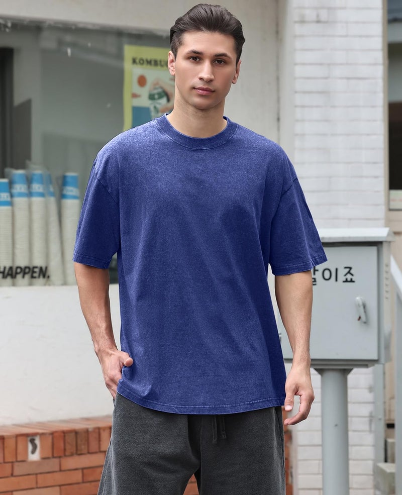 KEEPSHOWING 3 Pcs Oversized Heavy Cotton Summer T-Shirts Vintage Unisex Short Sleeves Casual Loose Basic Tops(Purple+Green+Blue M) - Image 4