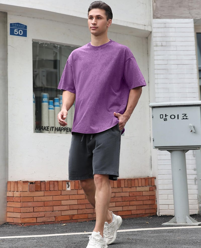 KEEPSHOWING 3 Pcs Oversized Heavy Cotton Summer T-Shirts Vintage Unisex Short Sleeves Casual Loose Basic Tops(Purple+Green+Blue M) - Image 2
