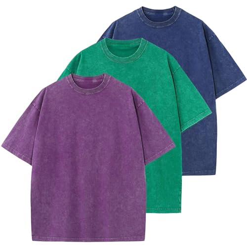 KEEPSHOWING 3 Pcs Oversized Heavy Cotton Summer T-Shirts Vintage Unisex Short Sleeves Casual Loose Basic Tops(Purple+Green+Blue M) - Image 1