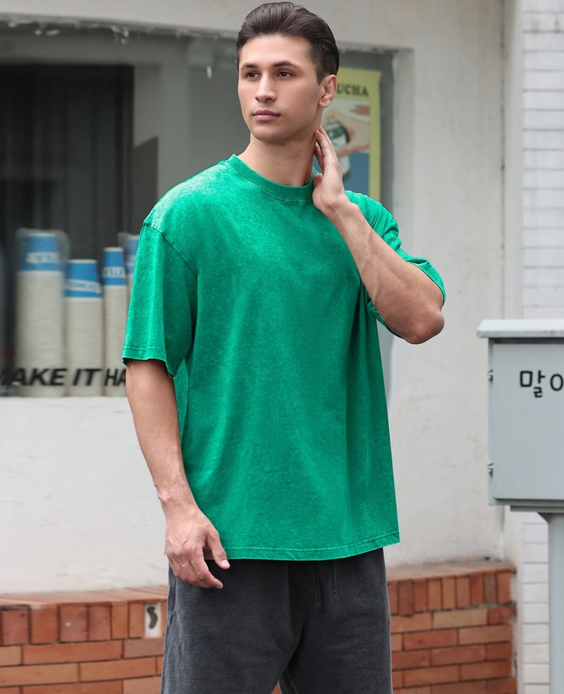 KEEPSHOWING 3 Pcs Oversized Heavy Cotton Summer T-Shirts Vintage Unisex Short Sleeves Casual Loose Basic Tops(Purple+Green+Blue M) - Image 3