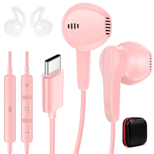 iMangoo USB C Headphones Wired Earbuds Digital Sound Earphones w/DAC Chip Clear Call Microphone for Apple iPhone 17 Air 16 15 Pro Max, Type C Ear Buds USBC Headset for Samsung Galaxy S25 Android Pink - Image 1