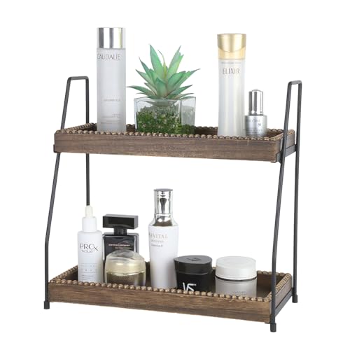 Gurfuy Bathroom Vanity Organizer 2-Tier Wood Countertop Storage Counter Shelf for Makeup Skincare Perfume Jewelry Tray Spice Rack Brown - Image 1