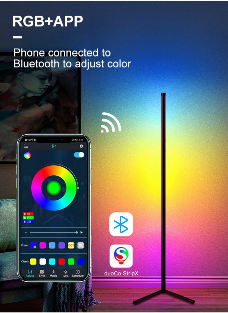 أيه بي جي - مصباح أرضي زاوية LED مع تطبيق بلوتوث، بطول 1.42 متر، إضاءة ألعاب ملونة، جهاز تحكم عن بعد، تعديل السطوع، مؤقت، ألوان ساطعة 5050 RGB، أوضاع متعددة DIY، إضاءة أرضية LED RGB لغرفة النوم، أسود، مصباح قائم 142 سم - Image 1