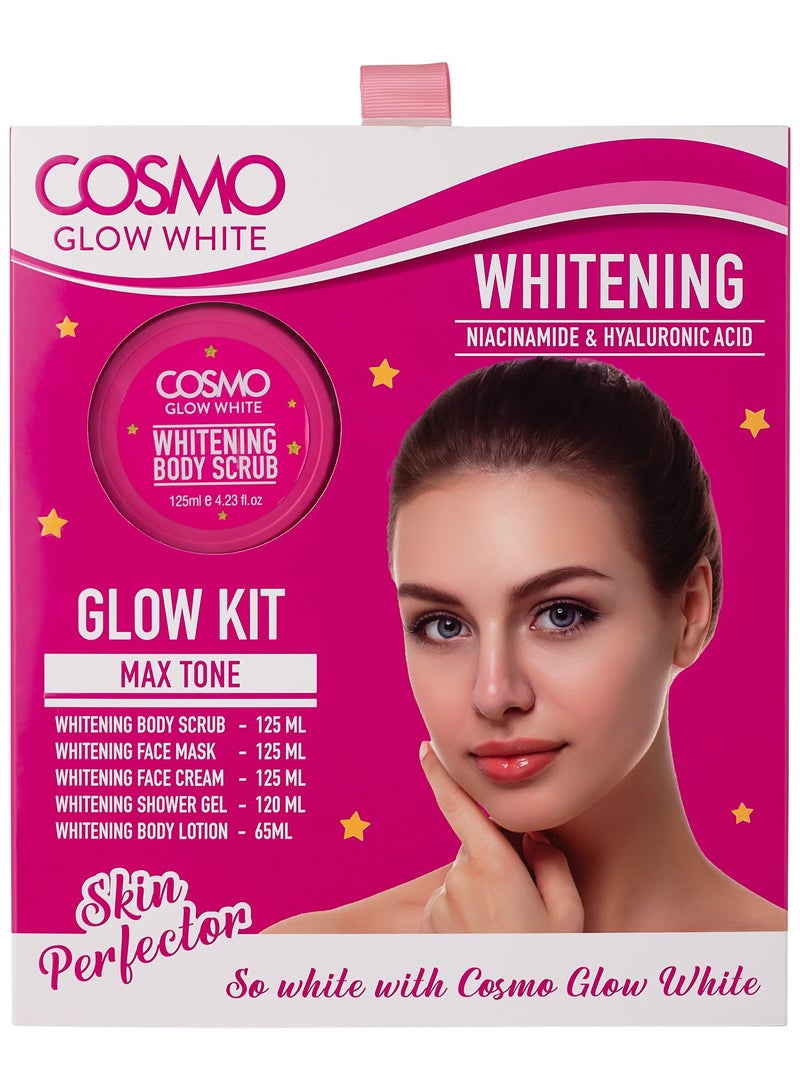 COSMO مجموعة كوزمو للعناية بالبشرة - مجموعة تبييض البشرة المتألقة البيضاء، هدية للجنسين، مقشر للجسم 125 مل، قناع للوجه 125 مل، كريم للوجه 125 مل، جل استحمام 120 مل، لوشن للجسم 65 مل، مجموعات للوجه - Image 3