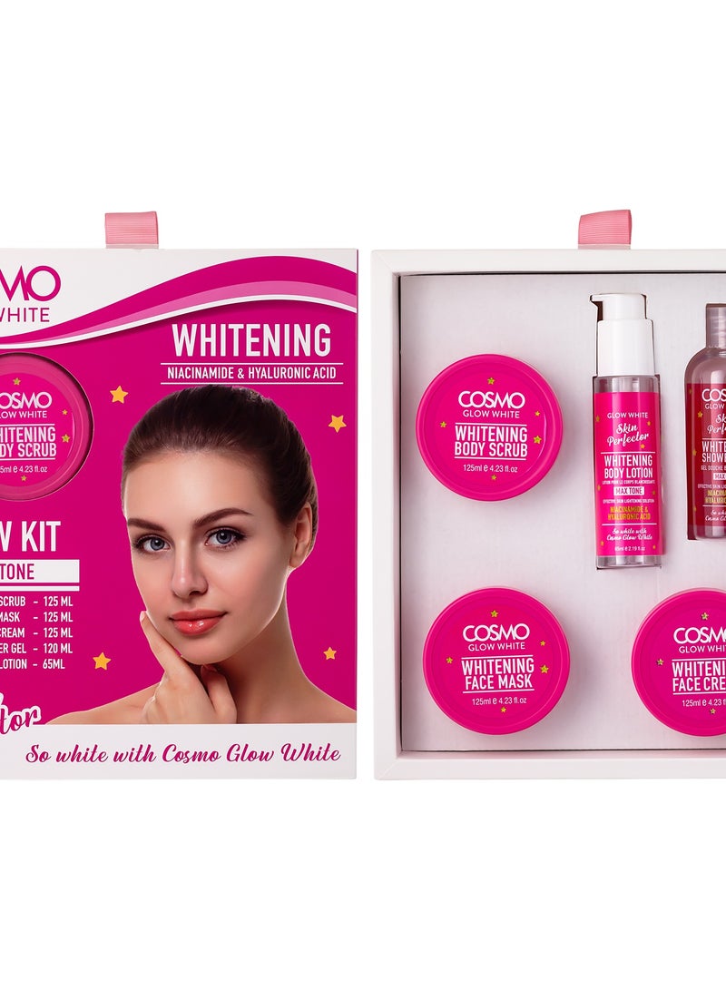 COSMO مجموعة كوزمو للعناية بالبشرة - مجموعة تبييض البشرة المتألقة البيضاء، هدية للجنسين، مقشر للجسم 125 مل، قناع للوجه 125 مل، كريم للوجه 125 مل، جل استحمام 120 مل، لوشن للجسم 65 مل، مجموعات للوجه - Image 1