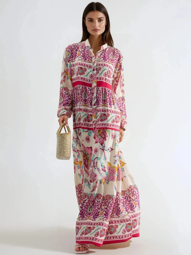 هيكاب Patterned V-neck Maxi Dress with Button Closure