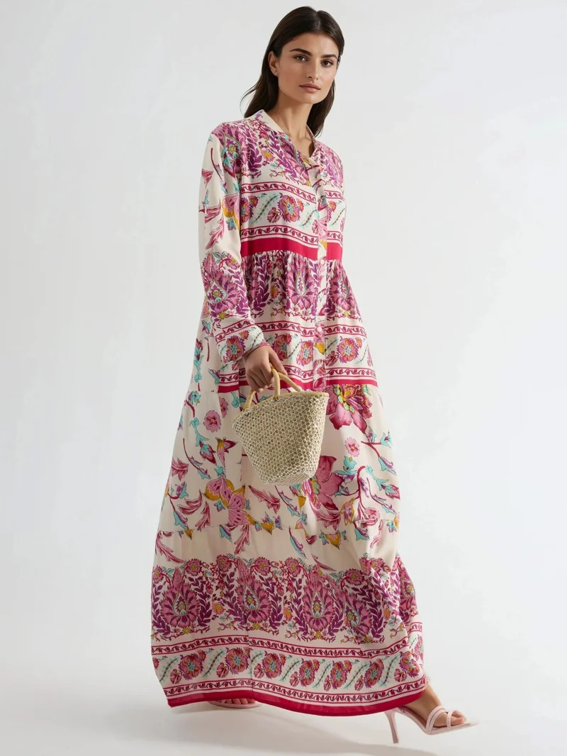 هيكاب Patterned V-neck Maxi Dress with Button Closure