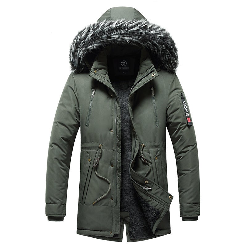 2024 Winter Mens Slim Fit Thick Hooded Mid-Length Casual Jacket Olive 