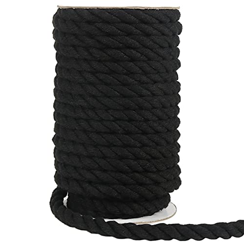 Tenn Well Black Macrame Cord 10mm 50 Feet 3Ply Twisted Thick Cotton Rope for Crafts Wall Hangings Plant Hangers Knotting Halloween Decor