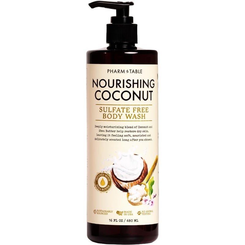 PHARM TO TABLE Nourishing Coconut Body Wash for Women and Men Softens and Soothes the Skin, Sulfate Free, 100% Cruelty Free, 480ml - Image 1