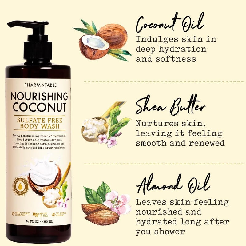 PHARM TO TABLE Nourishing Coconut Body Wash for Women and Men Softens and Soothes the Skin, Sulfate Free, 100% Cruelty Free, 480ml - Image 3