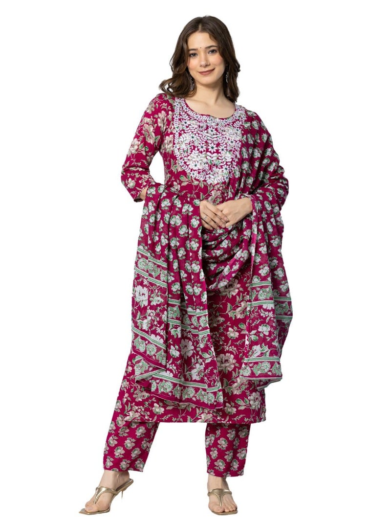 rytras Women's Cotton Embroidered Straight Kurta with Pant and Dupatta(RYT565,Maroon,M) - Image 5