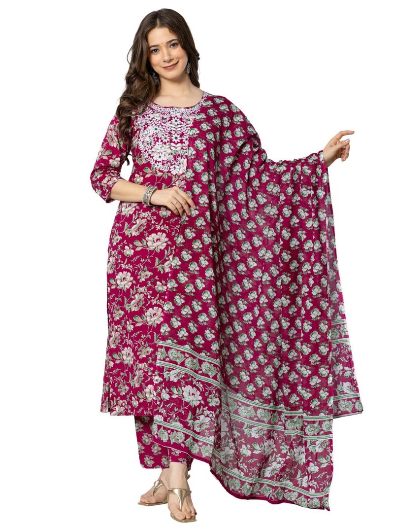 rytras Women's Cotton Embroidered Straight Kurta with Pant and Dupatta(RYT565,Maroon,M) - Image 4