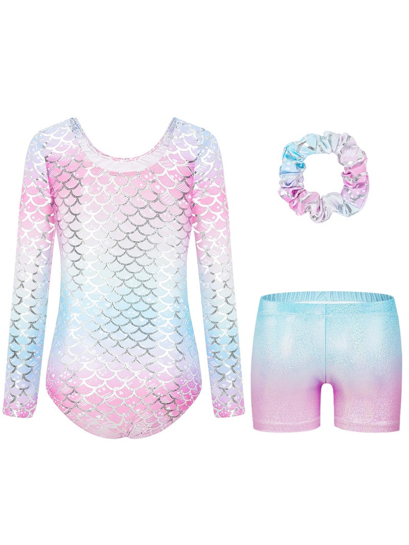 JiAmy Leotards for Girls Gymnastics, Long Sleeve Sparkly Dance Biketards with Shorts Ballet Tumbling Outfit Mermaid Scale 6-7 years - Image 2