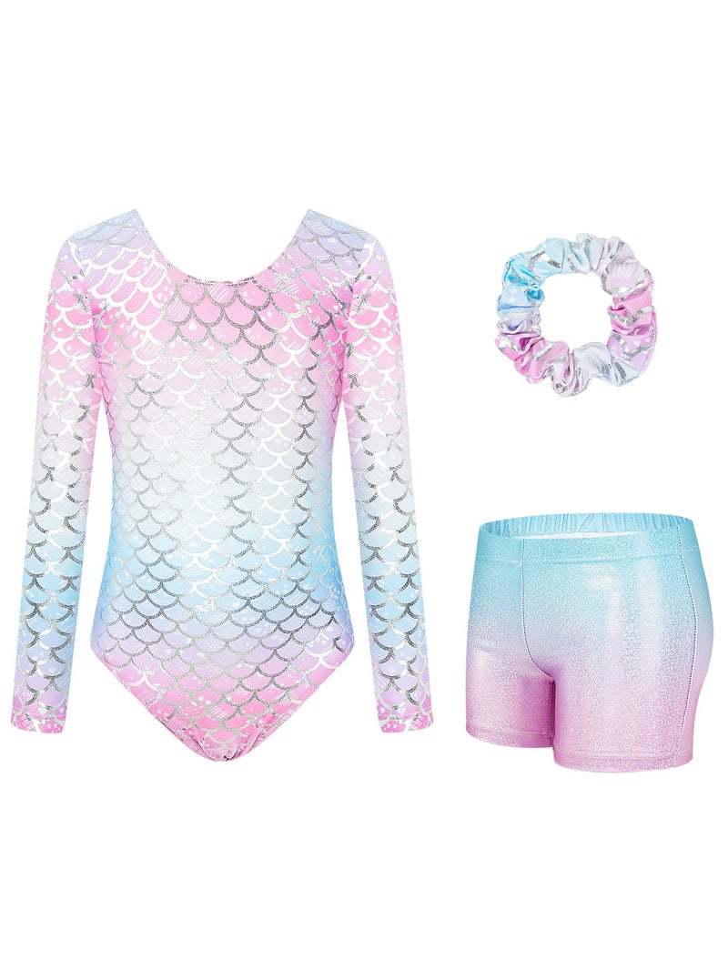 JiAmy Leotards for Girls Gymnastics, Long Sleeve Sparkly Dance Biketards with Shorts Ballet Tumbling Outfit Mermaid Scale 6-7 years - Image 1