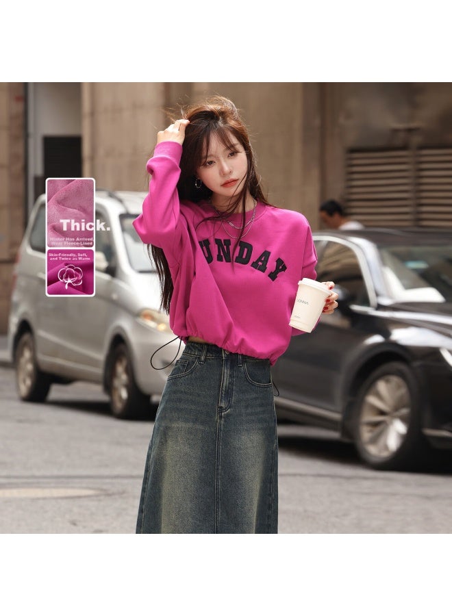 Mt Embroidered Sweatshirt Winter Thickened Crewneck Letter Embroidery Elastic Hem Long Sleeve Short Sweatshirt - Image 1