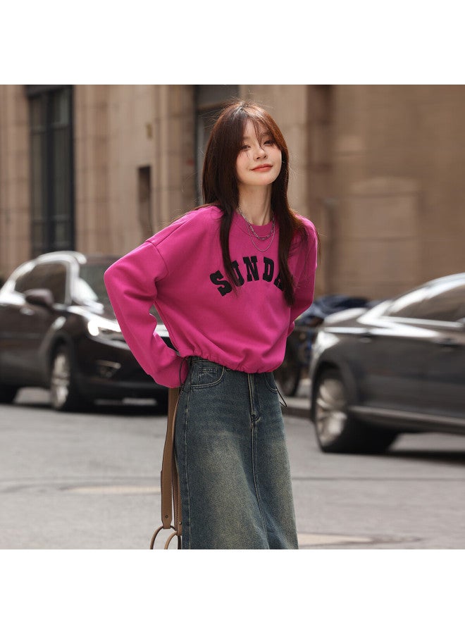 Mt Embroidered Sweatshirt Winter Thickened Crewneck Letter Embroidery Elastic Hem Long Sleeve Short Sweatshirt - Image 5