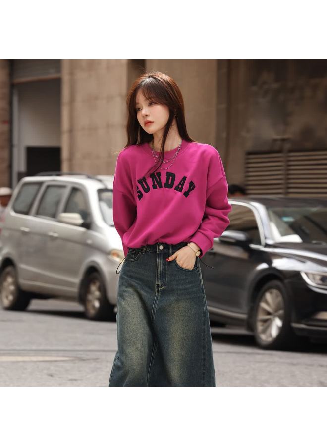 Mt Embroidered Sweatshirt Winter Thickened Crewneck Letter Embroidery Elastic Hem Long Sleeve Short Sweatshirt - Image 3