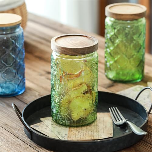 ANSQU Set of 4 Vintage Glass Mason Jars with Lids – 34 FL OZ Sunflower Design – Airtight Storage for Coffee, Tea, Cookies, Candy, Nuts – Kitchen & Pantry Organization (Blue & Green) - Image 4