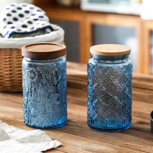 ANSQU Set of 4 Vintage Glass Mason Jars with Lids – 34 FL OZ Sunflower Design – Airtight Storage for Coffee, Tea, Cookies, Candy, Nuts – Kitchen & Pantry Organization (Blue & Green) - Image 3