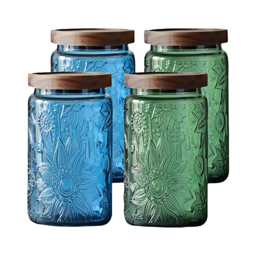 ANSQU Set of 4 Vintage Glass Mason Jars with Lids – 34 FL OZ Sunflower Design – Airtight Storage for Coffee, Tea, Cookies, Candy, Nuts – Kitchen & Pantry Organization (Blue & Green) - Image 1