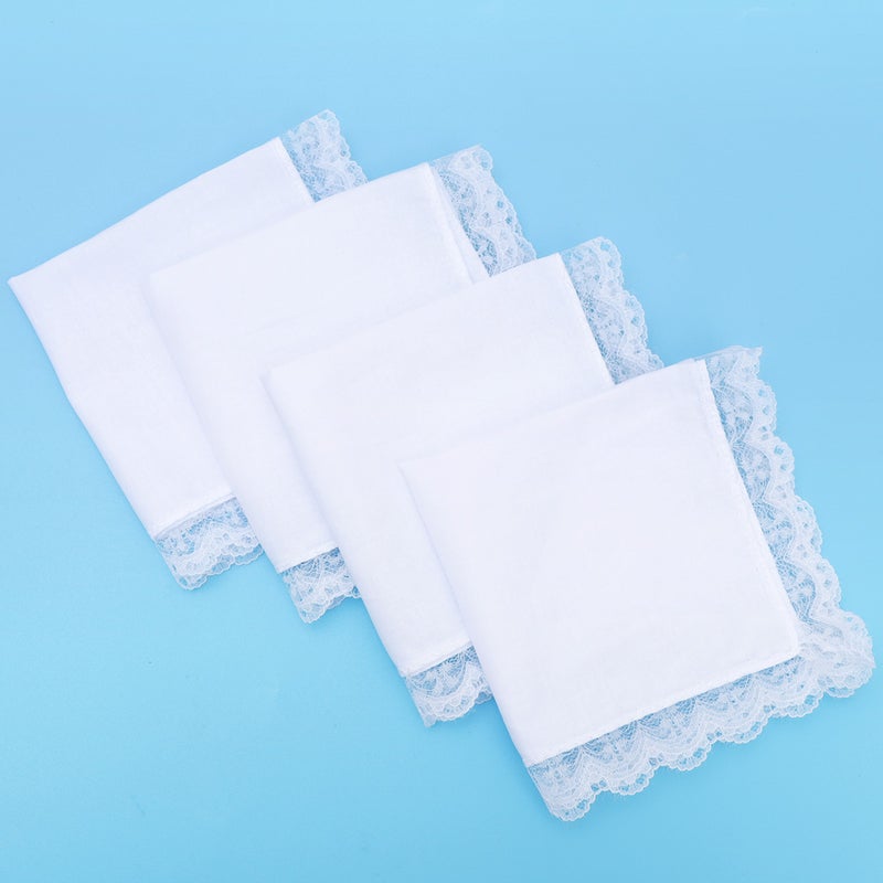 4Pcs Cotton Handkerchief White Lace Hanky White Lace-edge Handkerchief (White) - Image 5